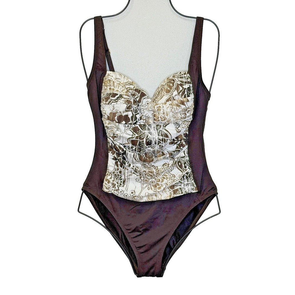La Blanca Rod Beattie One Piece Swimsuit Size 10 Dark Brown Floral Ruched Tummy